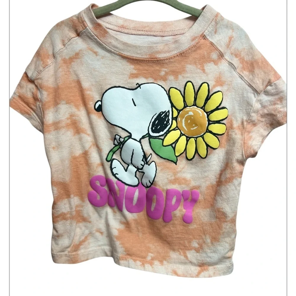 Snoopy with Sunflower Boxy Fit Graphic Tee Peach Acid Wash size 5 Spellout